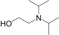 Skeletformulo de N, N-diisopropylaminoethanol kun kelkaj implicaj hidrogenoj montrita