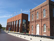 The federation's headquarters in Indianapolis with the NCAA Hall of Champions in the background NCAAHallofChampions 02.JPG