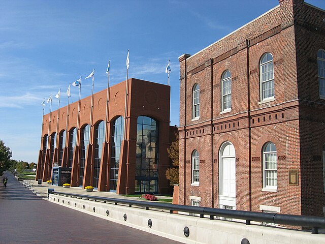 The federation's headquarters in Indianapolis with the NCAA Hall of Champions in the background