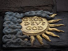 Names of God at John Knox House: "theos, DEUS, GOD." Names of God, Knox house.jpg