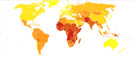 Deaths from Neonatal sepsis and infections in 2012 per million persons aged 0-4. Statistics from WHO, grouped by deciles   0-24   25-35   36-66   67-151   152-252   253-395   396-888   889-1,102   1,103-1,303   1,304-2,108 * The following groupings/assumptions were made: ** France includes the overseas departments as well as overseas collectivities. ** The United Kingdom includes the Crown dependencies as well as the overseas territories. ** The United States of America includes the insular areas. ** The Netherlands includes Aruba and the Netherlands Antilles. ** Denmark includes Greenland and the Faroe islands.