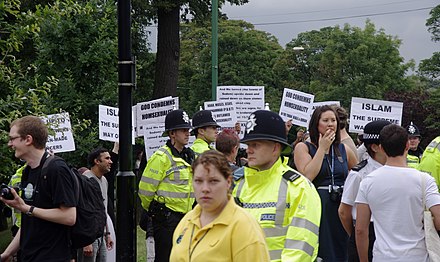 Islamic anti-LGBT protesters at an LGBT Pride march in Nottingham, England