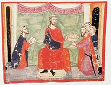 Peter III gives audience to ambassadors of Frederick II, Holy Roman Emperor and Michael VIII Palaiologos, demanding Peter to intervene in the war against Charles I of Anjou. Nuova Cronica.