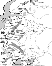 Une carte de l'Europe de l'Est illustrant le mouvement des unités et formations militaires.