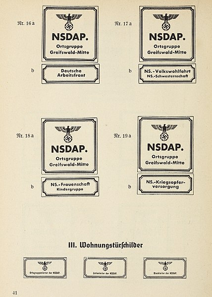 File:Organisationsbuc00nati 0 orig 0142 ORGANISATIONSBUCH DER NSDAP 1943 Parteigen. Polit. Leiter Uniformen Symbole Seite 41 Dienststellenschilder Hauptschilder(Ortsgruppe Greifswald-Mitte) Wohnungstürschilder Public domain CROPPED.jpg