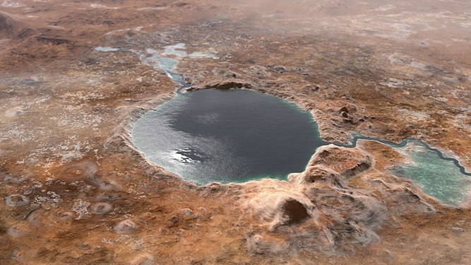 Reconstitution du cratère tel qu'il aurait pu être à l'époque où l'eau était présente à la surface de Mars, il y a quelques milliards d'années. La zone d'atterrissage se situe dans la partie nord-ouest, au débouché du cours d'eau qui pénétrait dans le cratère depuis Neretva Vallis.