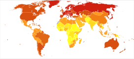 Disability-adjusted life years (DALY) lost from Pancreas cancer in 2012 per million persons.   36-191   193-254   257-257   262-379   382-734   754-1,072   1,079-1,079   1,155-1,582   1,640-2,852   2,898-4,566 * Countries are divided approximately by population into ten groups. * Dependencies of France, United Kingdom, United States of America, The Netherlands and Denmark are grouped with their respective countries.