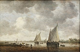 Deux grandes barques à voiles et bestiaux sur la rive