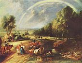 Landscape with rainbow label QS:Len,"Landscape with rainbow" label QS:Lpl,"Pejzaż z tęczą" label QS:Lnl,"Landschap met regenboog" . 17th century date QS:P,+1650-00-00T00:00:00Z/7 . oil on panel medium QS:P186,Q296955;P186,Q106857709,P518,Q861259 . 93.5 × 123 cm (36.8 × 48.4 in). Munich, Alte Pinakothek.