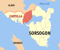Mapa ng Sorsogon na nagpapakita sa lokasyon ng Castilla.