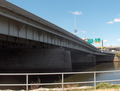 Vine Street Expressway Bridge, built 1959, reconstructed 1989, carries I-676 (Vine Street Expressway) over the Schuylkill River, CSX tracks, N. 24th St. ramp in Philadelphia, looking west from the east bank