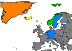 Land hvor Svein (grønt), Sven (blått), Svend (oransje) og Sveinn (gult) er mye brukt