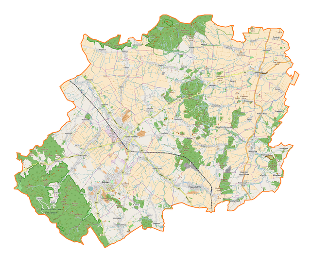 Mapa konturowa powiatu dzierżoniowskiego, w centrum znajduje się punkt z opisem „Dzierżoniów”