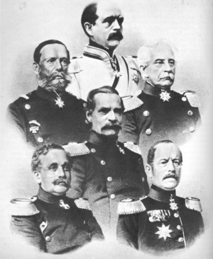 Generales prusianos en Sadowa (1866): Bismark, general Vogel von Falkenstein, general von Steinmetz, von Roon, general von Fliess y general Herwarth von Bittenfeld.