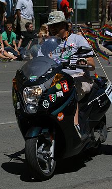 Lilligren on a motorcycle during a Minneapolis Pride Parade in 2009 Robert Lilligren cropped.jpg