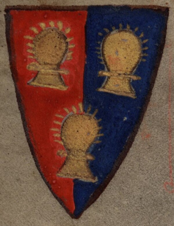 Coat of arms attributed to Alan's first father-in-law, Roger de Lacy, Constable of Chester, as it appears on folio 33r of Cambridge Corpus Christi Col