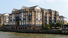 Several waterfront developments, such as Blenheim Court, can be seen from the Thames. Rotherhithe London June 2016 002.jpg