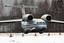 A Russian Navy An-72 showing the front view that resembles 'Cheburashka'.