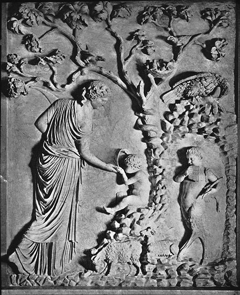 Sencathea [?] [Female figure] feeding infant Plutus from horn of plenty, relief, Rome. Brooklyn Museum Archives, Goodyear Archival Collection.