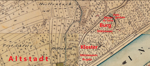 Peterstirn mit den abgegangenen Orten: Alte Reichsburg, Markgrafenburg (genaue Lage unklar, bei Kloster oder Reichsburg) und Benediktinerkloster; mit Überresten und Fundorten, eingetragen auf einer historischen Karte aus dem 19. Jahrhundert