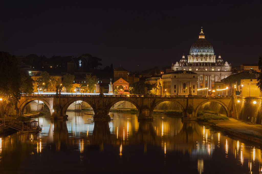 Saint Peter's Basilica, Sant'Angelo bridge, by night, Rome, Italy