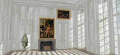 Essai de restitution de la salle des gardes du château-neuf de Meudon, état vers 1709, lors de sa création.