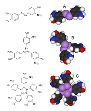 The structure of Arsphenamine has been proposed to be akin to the dimer azobenzene (A), but mass spectral studies published in 2005 suggest it is actually a mixture of the trimer (B) and the pentamer (C). Salvarsan-montage.png