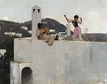 Sargent's painting Capri (1878) depicts Rosina Ferrara dancing the tarantella, and anticipates the flamenco of El Jaleo. Crystal Bridges Museum of American Art. Sargent - Capri.jpg