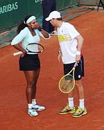 Williams and Bob Bryan during their mixed doubles match pairing at the French Open. SerenaWilliams BobBryan FO2012.jpg