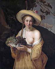 Herderin met schaal met druiven van Abraham Bloemaert, 1628, dat in opzet gelijkenissen heeft met Meisje met een brede hoed.