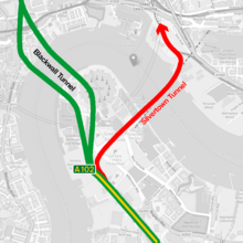 Map of the planned route of the Silvertown Tunnel Silvertown Tunnel Map.png