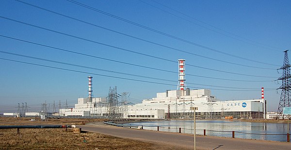 View of the Smolensk Nuclear Power Plant site, with three operational RBMK-1000 reactors. A fourth reactor was cancelled before completion.