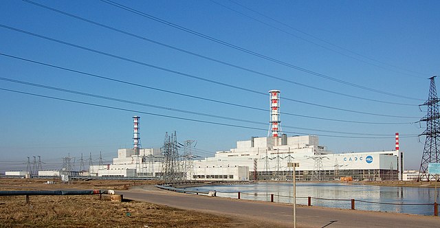 View of the Smolensk Nuclear Power Plant site, with three operational RBMK-1000 reactors. A fourth reactor was cancelled before completion.