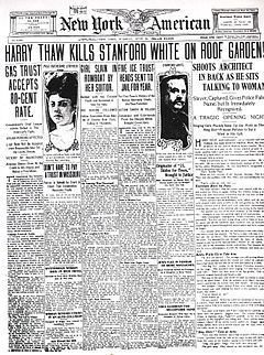 The front page of the June 26, 1906 issue of the New York American, prior to merger. The murder of Stanford White is its headline. Stanford White 33.jpg