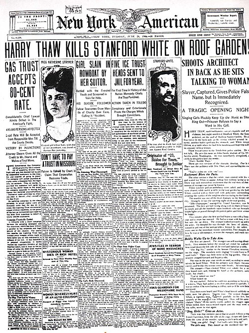 The front page of the June 26, 1906 issue of the New York American, prior to merger. The murder of Stanford White is its headline.