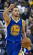 Stephen Curry became the first player to win the title shooting 50-40-90 in 2016, he won it again in 2021 Stephen Curry dribbling 2016 (cropped).jpg