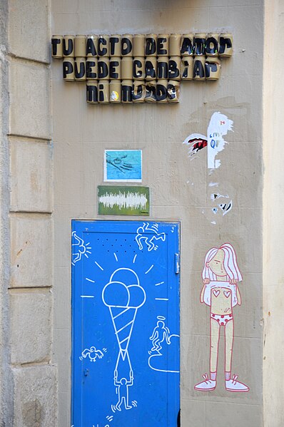 File:Street art in Plaça de Sant Josep Oriol, Barcelona, 2023.jpg