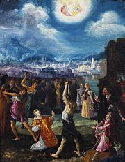 Stoning of Saint Stephen label QS:Len,"Stoning of Saint Stephen" label QS:Lpl,"Ukamienowanie św. Szczepana" label QS:Lfr,"Lapidation de Saint Etienne" circa 1618 date QS:P,+1618-00-00T00:00:00Z/9,P1480,Q5727902 . oil on copper medium QS:P186,Q296955;P186,Q753,P518,Q861259 . 50 × 46.5 cm (19.6 × 18.3 in). Poznań, National Museum in Poznań.