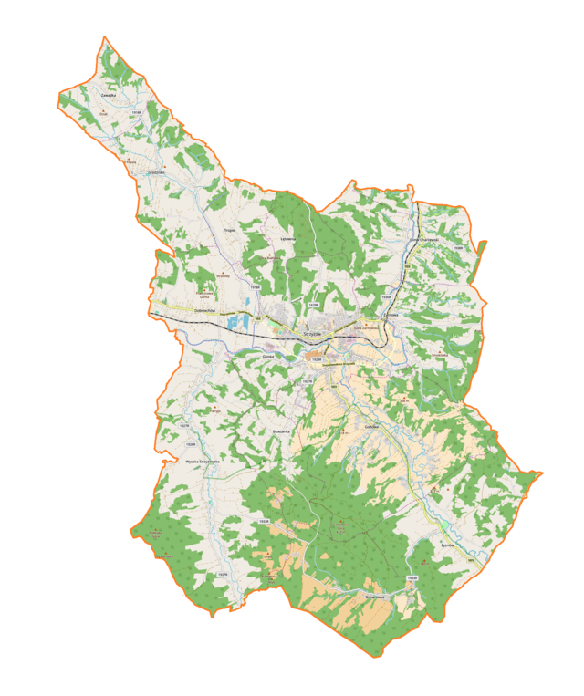 Mapa konturowa gminy Strzyżów, w centrum znajduje się punkt z opisem „Strzyżów”