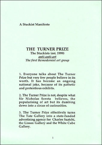 Front cover of the 4 page A6-size Stuckist Turner Prize manifesto