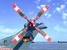 Tail Rotor of a Sea Lynx, the smaller tail rotor counter-acts the force of the spinning main rotor in many designs, although there is other solutions to this, such as having two counter-rotating main rotors Tail rotor Sea Lynx.jpg