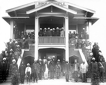 Front of the Stockton Sikh Temple, circa 1915. This wooden structure was replaced with a new building in 1929.