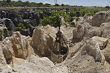 Limestone pinnacles remain after phosphate mining at the site of one of Nauru's secondary mines The site of secondary mining of Phosphate rock in Nauru, 2007. Photo- Lorrie Graham (10729889683).jpg