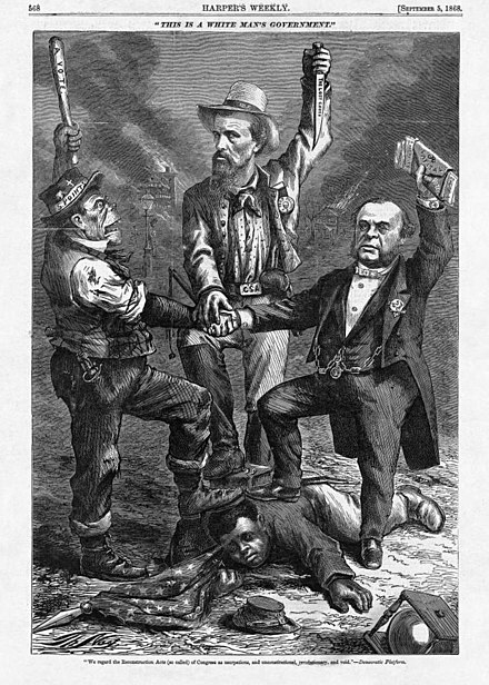"This is a white man's government", Thomas Nast's caricature of the forces arraigned against Grant and Reconstruction in the 1868 election. Atop a black Union veteran reaching for a ballot box: the New York City Irish; Confederate and Klansman Nathan Bedford Forrest; and big-money Democratic Party chairman August Belmont, a burning freedmen's school in the background. Harper's Weekly, September 5, 1868.