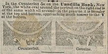 An example of facsimiles included to help identify particular counterfeit plates. The caption explains that, in this case, the white oval is of constant thickness in the counterfeit, but is thicker toward the bottom in the genuine bill. Thompson's Bank Note Reporter 1855-12-01 facsimile detail.jpg