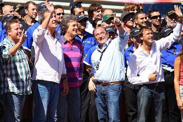 Clarkson (second from left) at the 2011 Top Gear Live show, along with James May (third from left) and Shane Jacobson (far left)