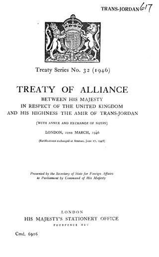 <span class="mw-page-title-main">Treaty of London (1946)</span> 1946 treaty between the United Kingdom and Transjordan