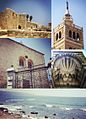 Lejn l-arloġġ mix-xellug ta' fuq: Ċittadella ta' Raymond de Saint-Gilles, minaret tal-Moskea l-Kbira Mansouri, arkitettura Mamluk, dehra tal-bajja, u knisja Kattolika Sirjaka (Tripli Collage)