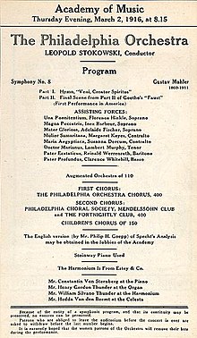 A notice headed "Academy of Music, Thursday Evening, March 1916 at 8.15." It gives details of the programme for the first American performance of Mahler's Eighth Symphony, by the Philadelphia Orchestra under Leopold Stokowski, and lists the solo performers and choirs.