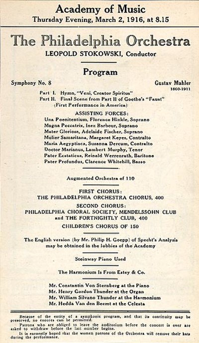 Program for the US premiere of Mahler's Eighth Symphony, Philadelphia, March 1916